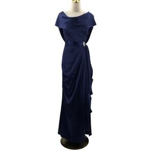 FORMAL SZ 12 L navy blue satin embellished caplet gala party maxi dress NEW B107